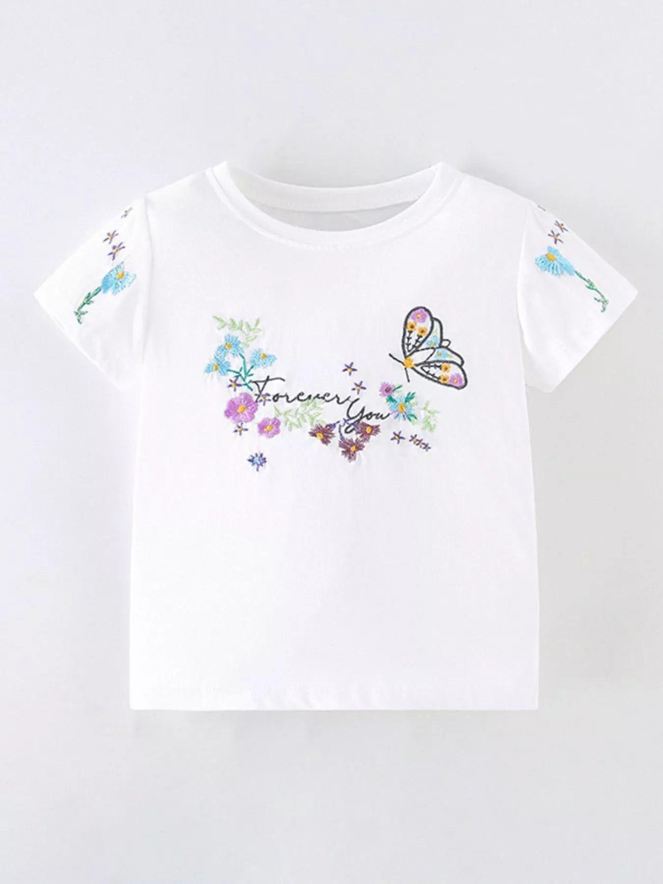 Children's Floral Butterfly Embroidered Short Sleeve T-Shirt designed for comfort and style at Lookzlike
