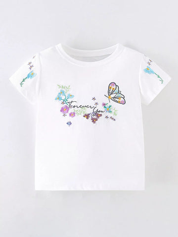 Children's Floral Butterfly Embroidered Short Sleeve T-Shirt designed for comfort and style at Lookzlike