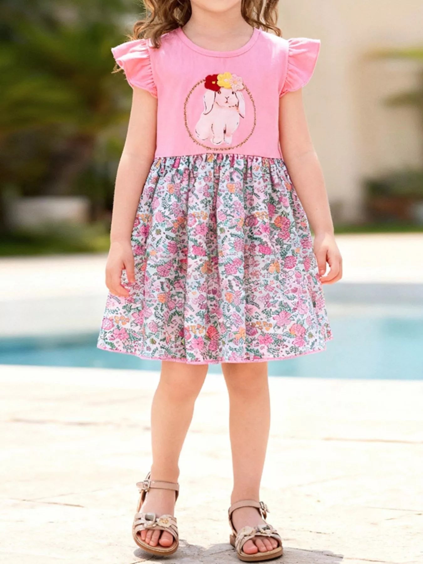 Children's Floral Print Bunny Ruffle Sleeve Dress designed for comfort and style at Lookzlike