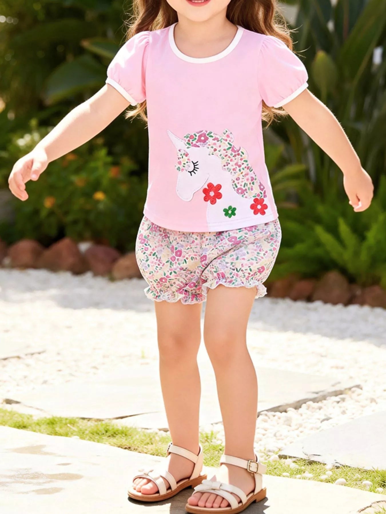Children's Floral Unicorn Top and Shorts Set designed for comfort and style at Lookzlike