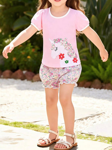 Children's Floral Unicorn Top and Shorts Set designed for comfort and style at Lookzlike