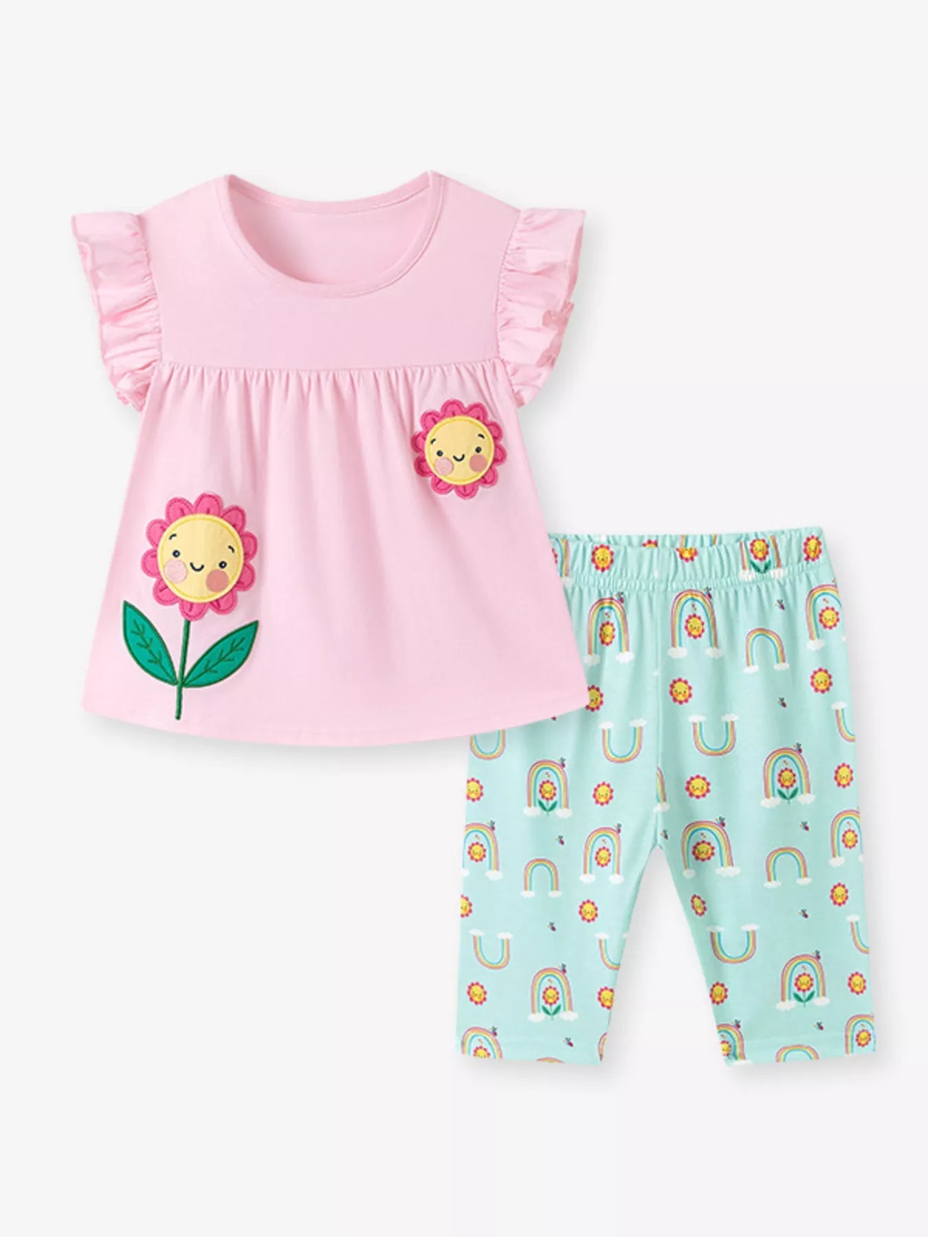 Children's Flower Appliqué Top & Rainbow Print Capri Set designed for comfort and style at Lookzlike