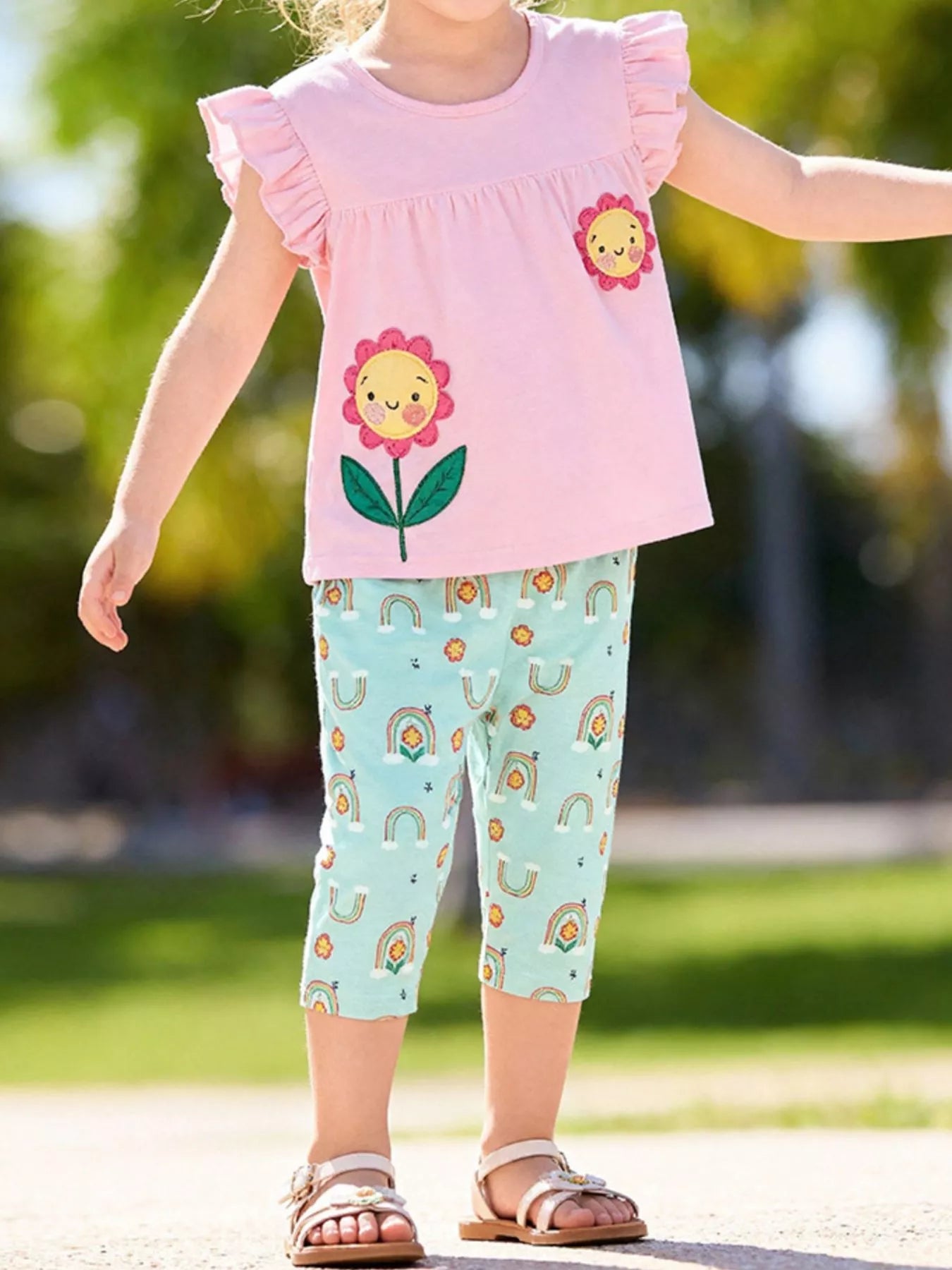 Children's Flower Appliqué Top & Rainbow Print Capri Set designed for comfort and style at Lookzlike