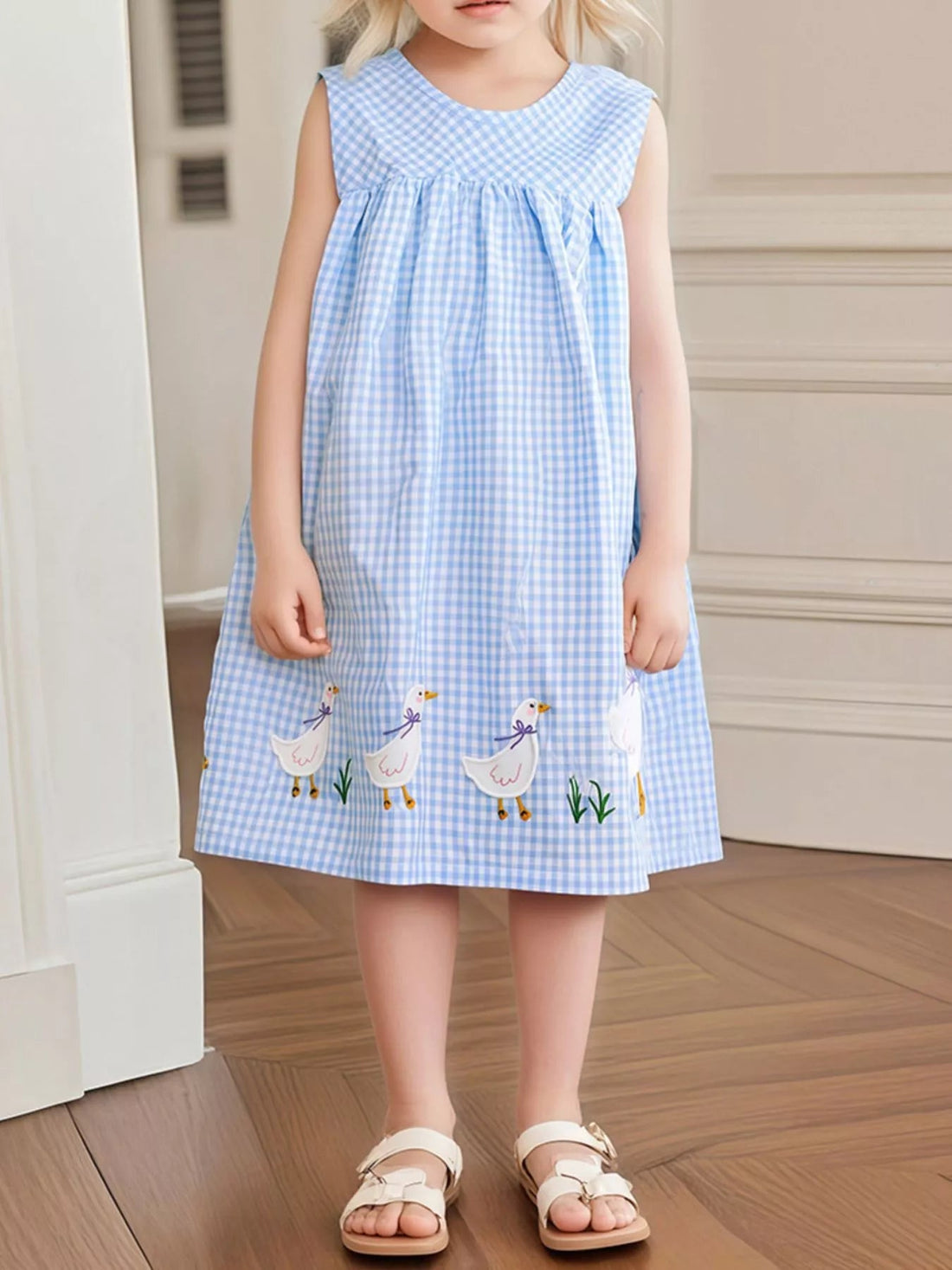 Children's Gingham Goose Embroidered Sleeveless Dress designed for comfort and style at Lookzlike