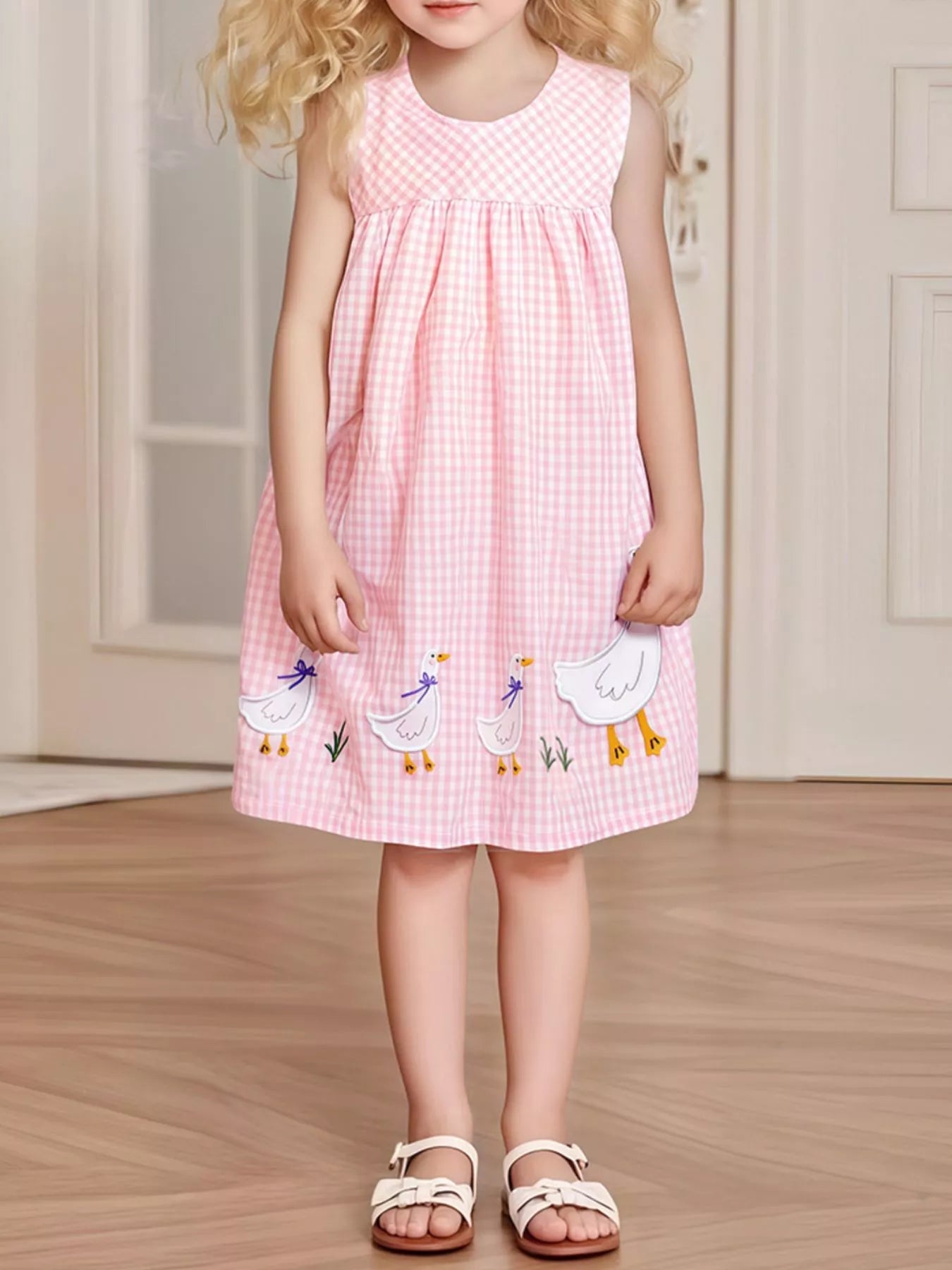 Children's Gingham Goose Embroidered Sleeveless Dress designed for comfort and style at Lookzlike