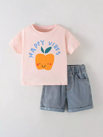 Children's Happy Vibes Graphic Tee & Denim Shorts Set designed for comfort and style at Lookzlike
