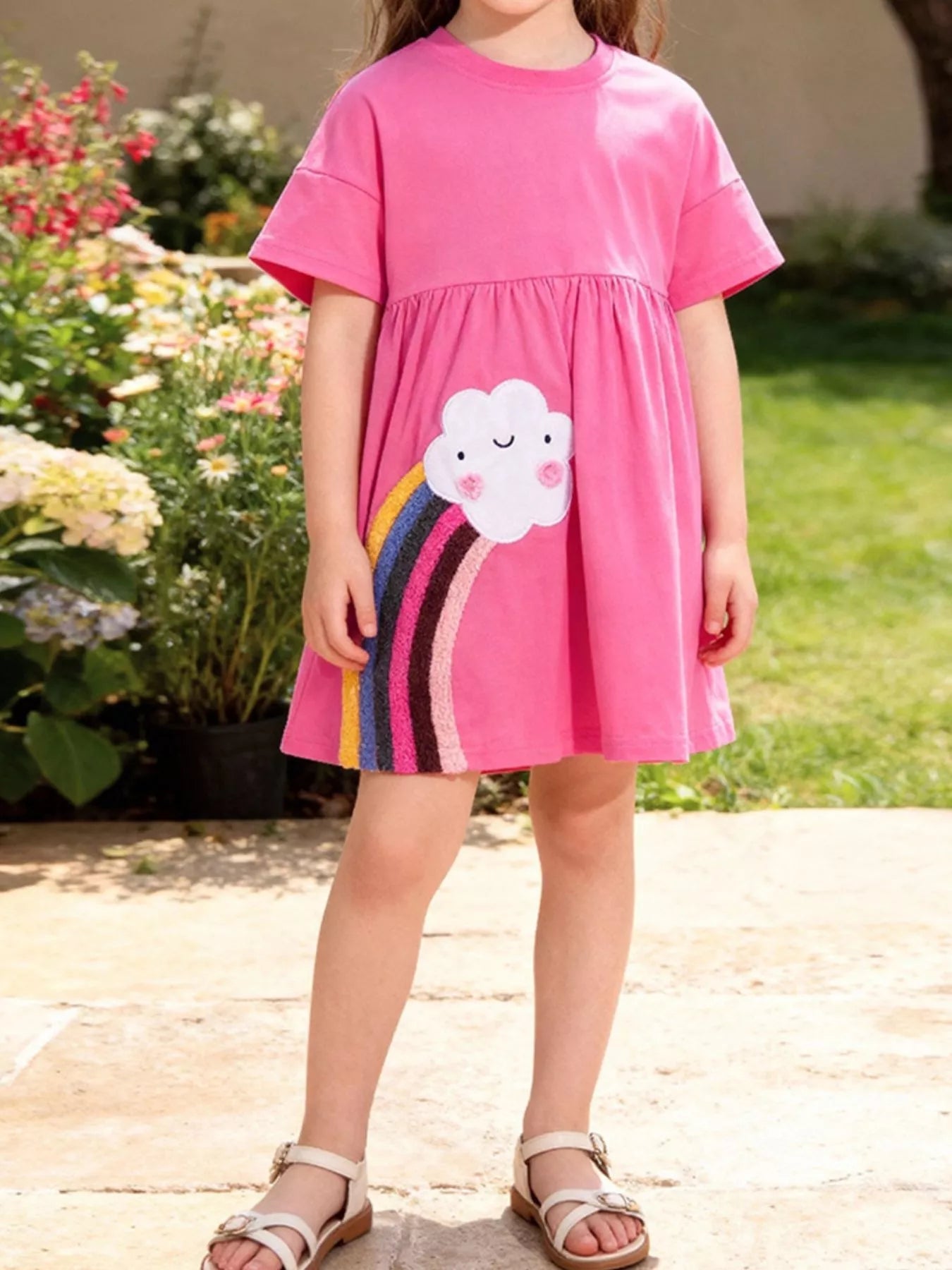 Children's Rainbow Cloud Applique Casual Dress designed for comfort and style at Lookzlike