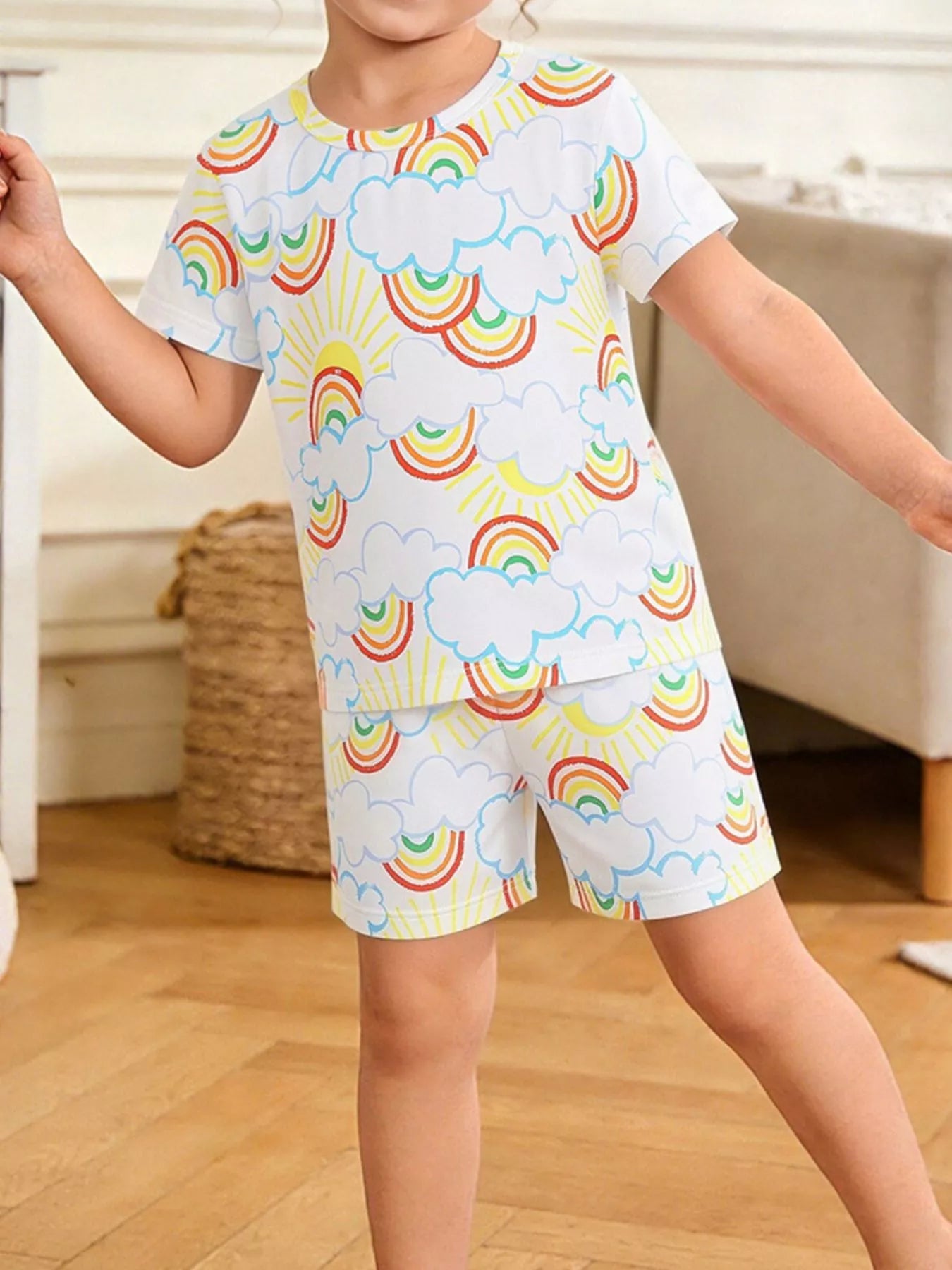 Children's Rainbow Cloud Print Tee and Shorts Set designed for comfort and style at Lookzlike