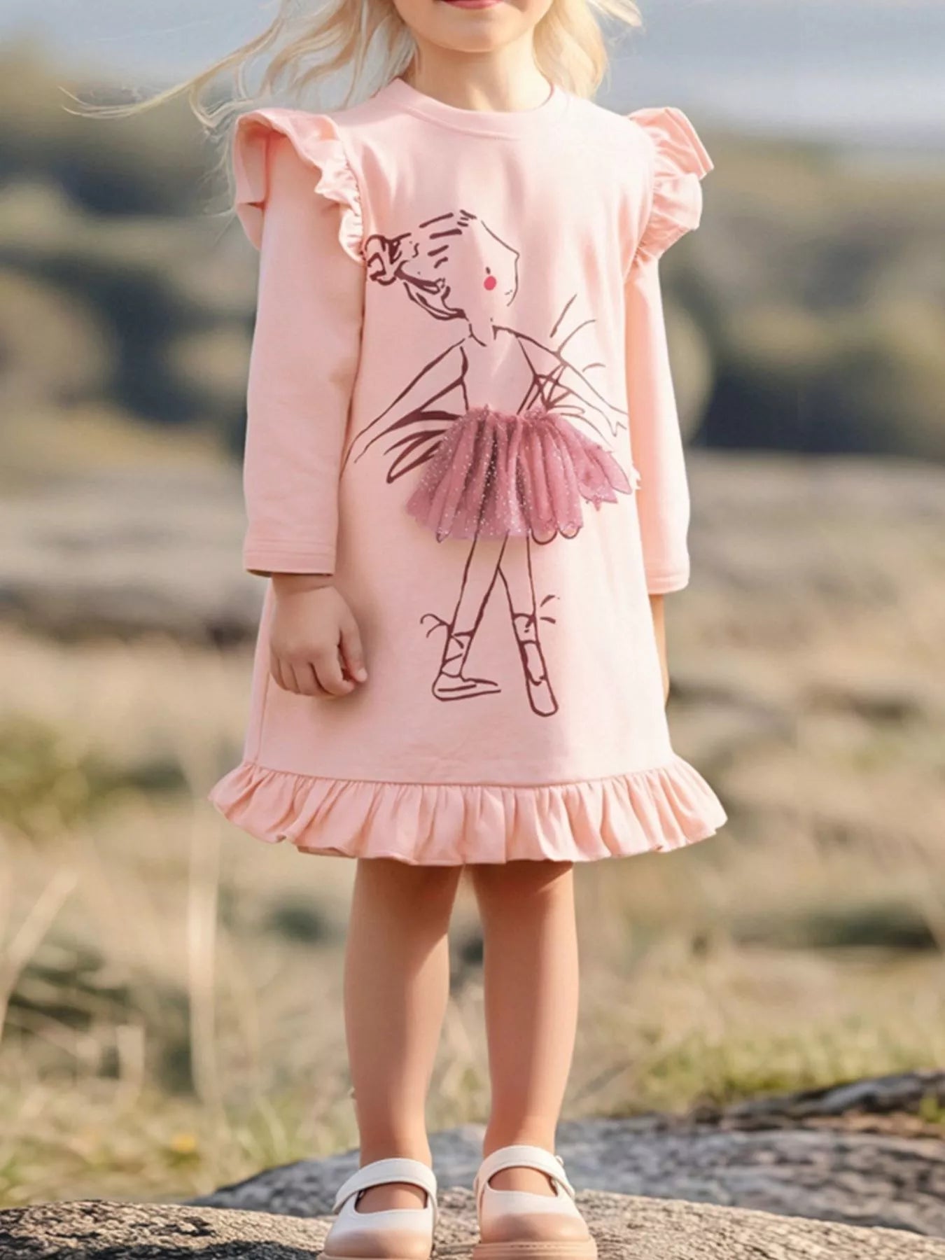 Children's Ruffle Trim Long Sleeve Dress designed for comfort and style at Lookzlike