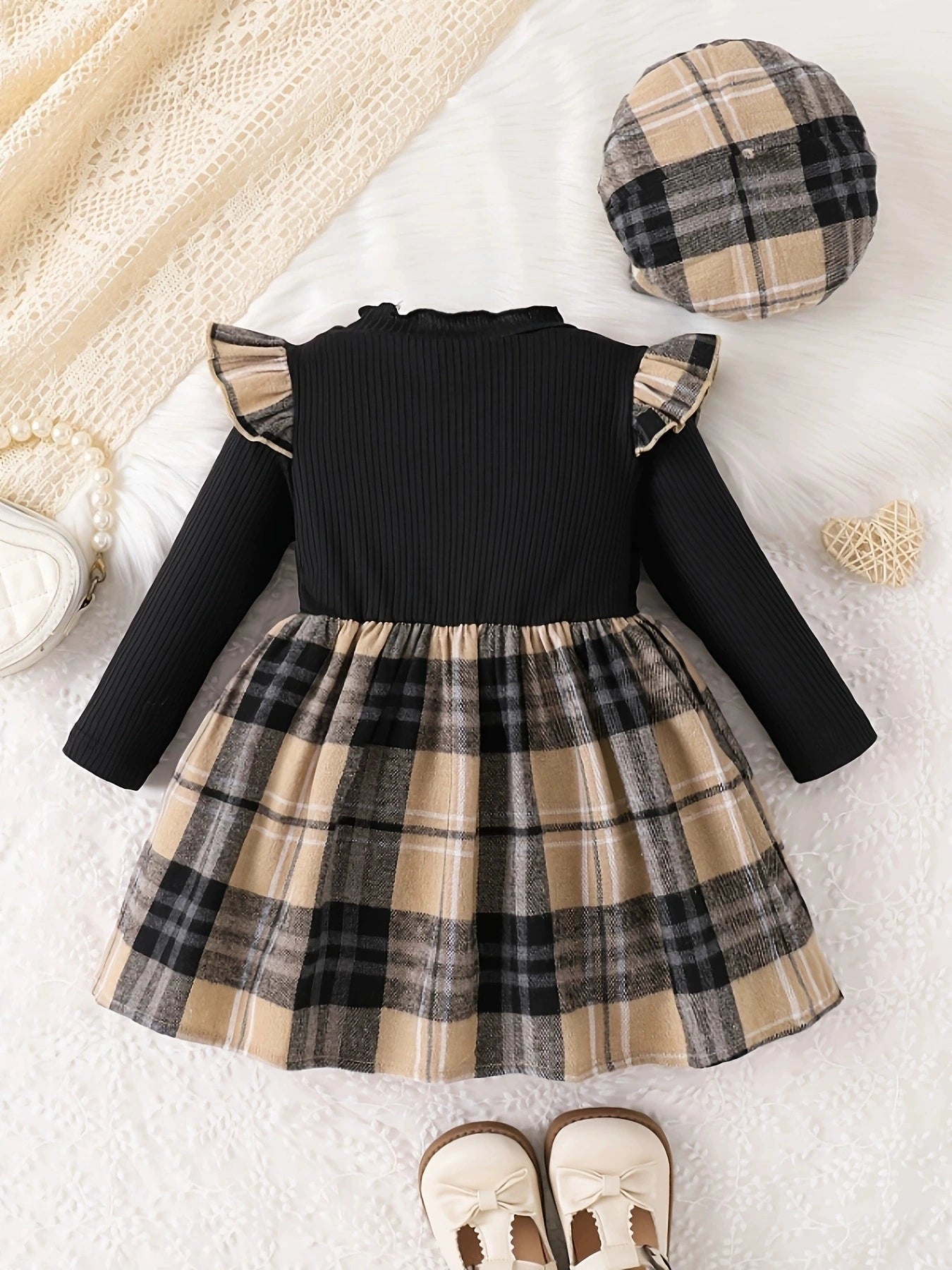 Children's Ruffled Plaid Dress & Hat Set designed for comfort and style at Lookzlike