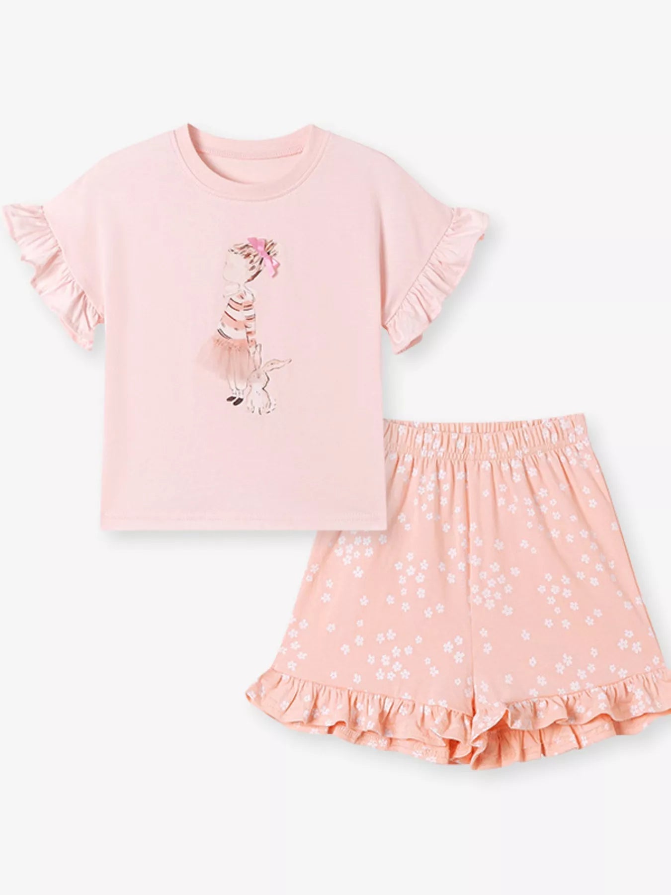 Children's Ruffled Sleeve Graphic Tee & Floral Shorts Set designed for comfort and style at Lookzlike