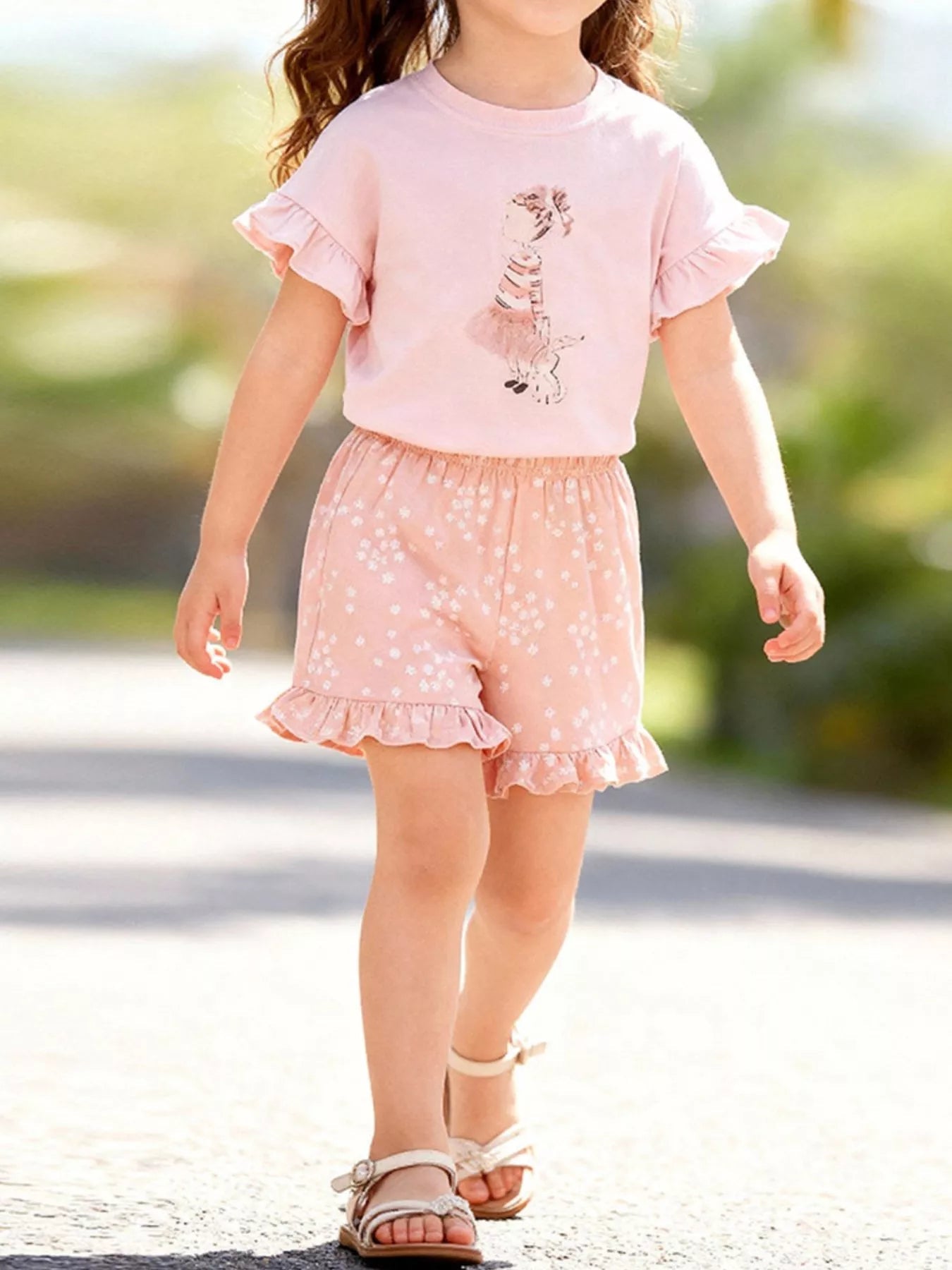 Children's Ruffled Sleeve Graphic Tee & Floral Shorts Set designed for comfort and style at Lookzlike