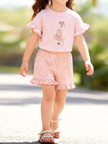 Children's Ruffled Sleeve Graphic Tee & Floral Shorts Set designed for comfort and style at Lookzlike