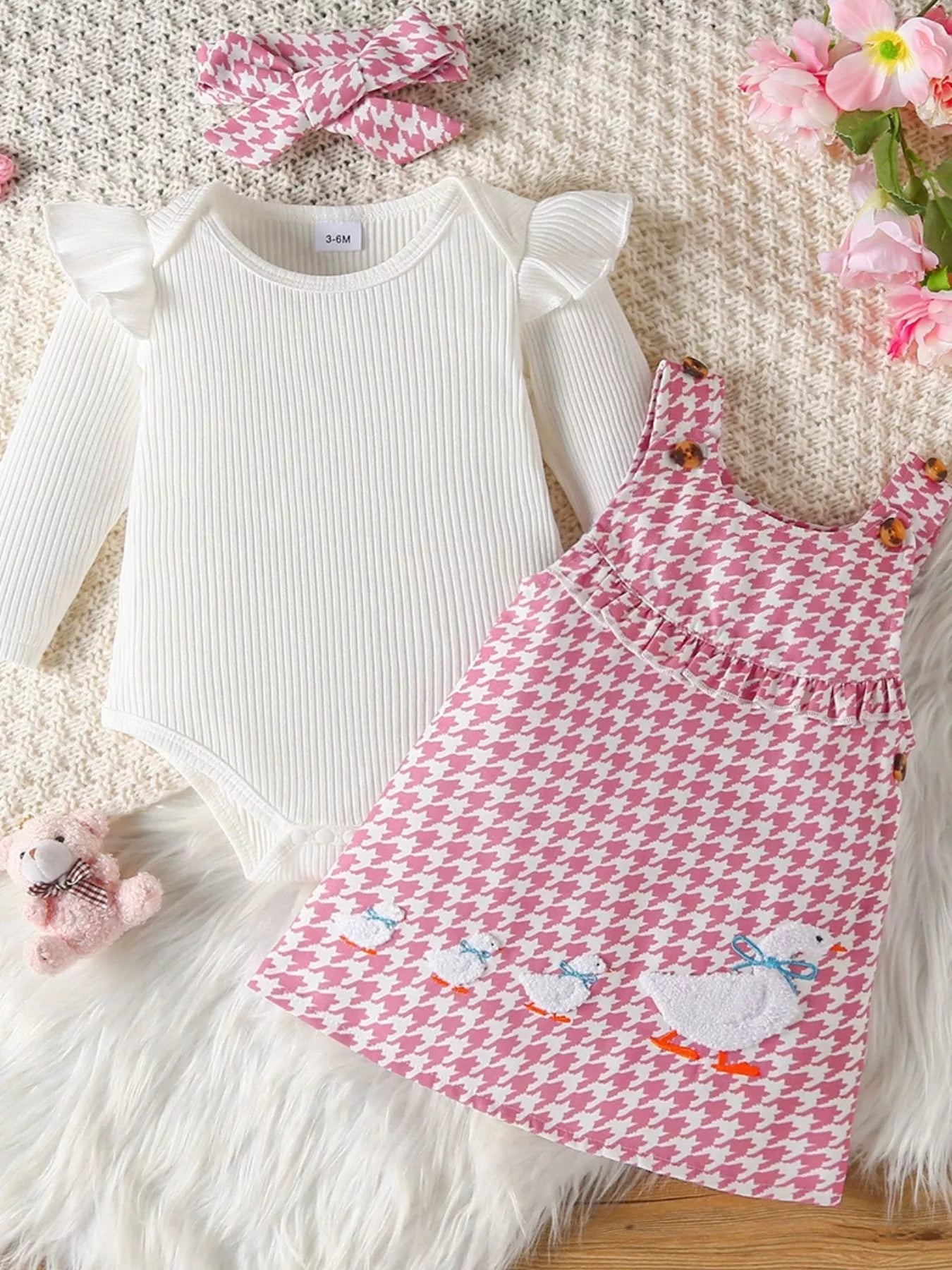 Children's Ruffled Trim Bodysuit and Dress Set with Headband designed for comfort and style at Lookzlike