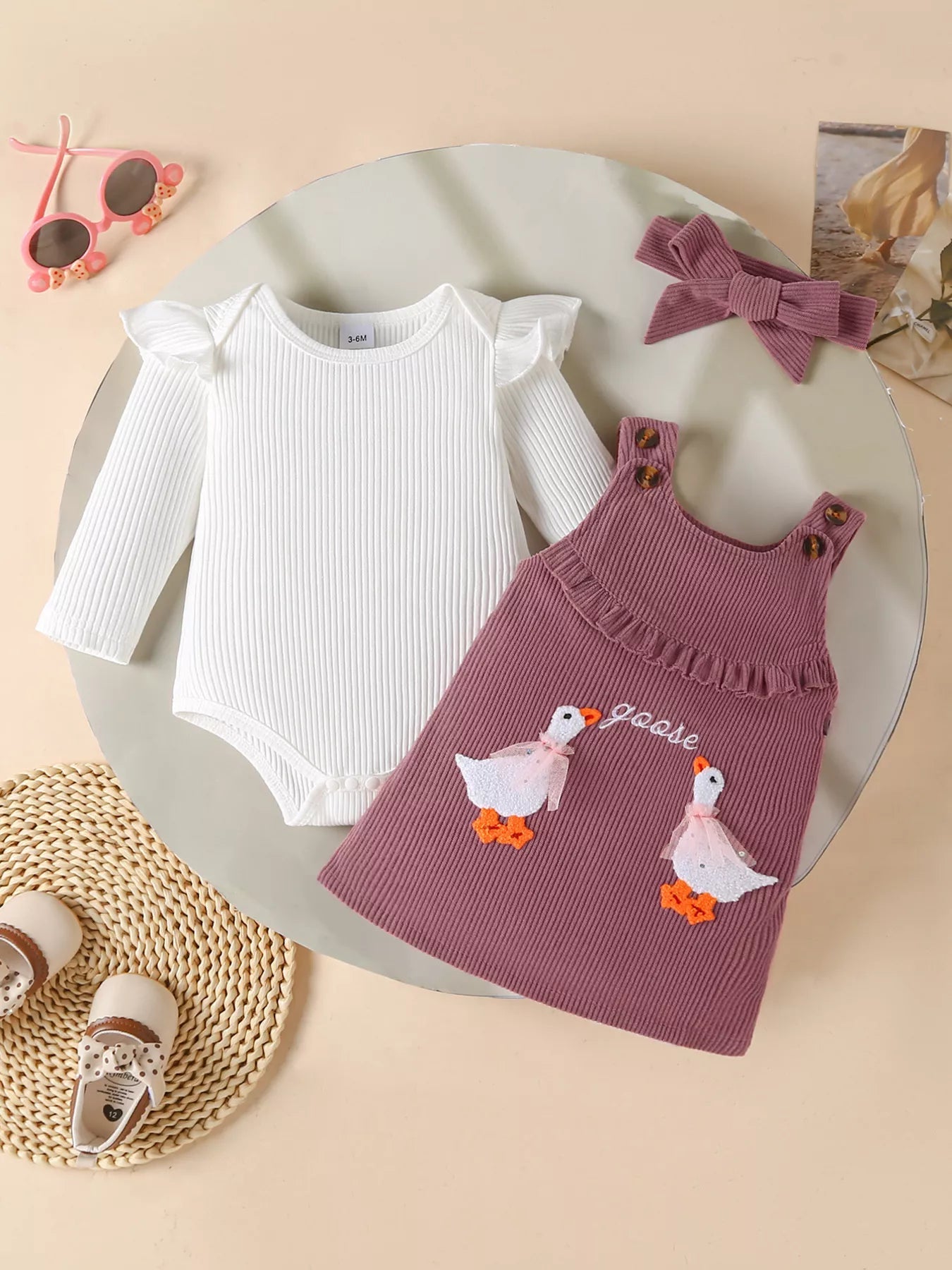 Children's Ruffled Trim Bodysuit and Dress Set with Headband designed for comfort and style at Lookzlike