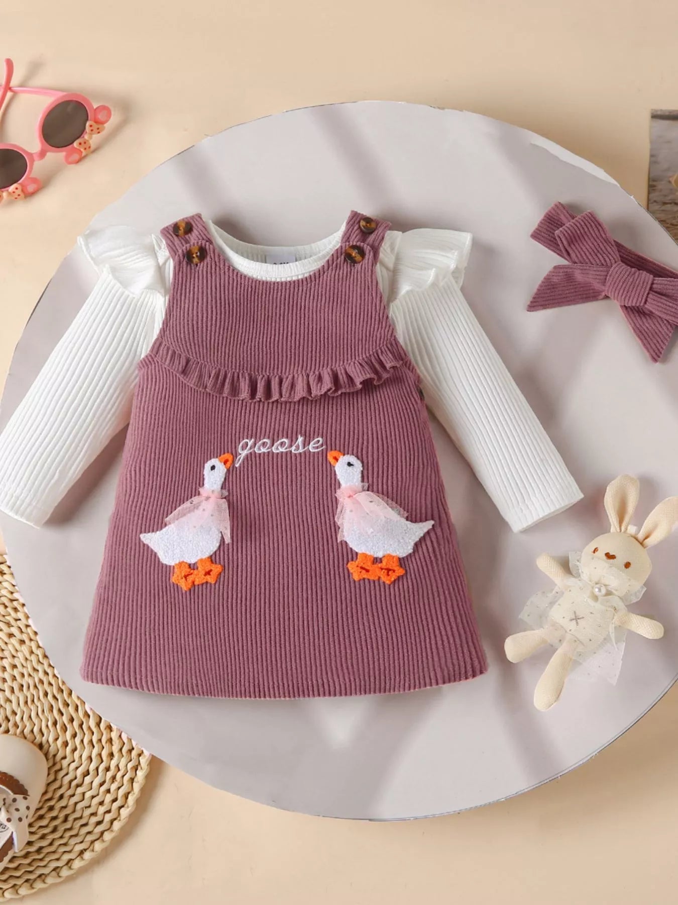 Children's Ruffled Trim Bodysuit and Dress Set with Headband designed for comfort and style at Lookzlike