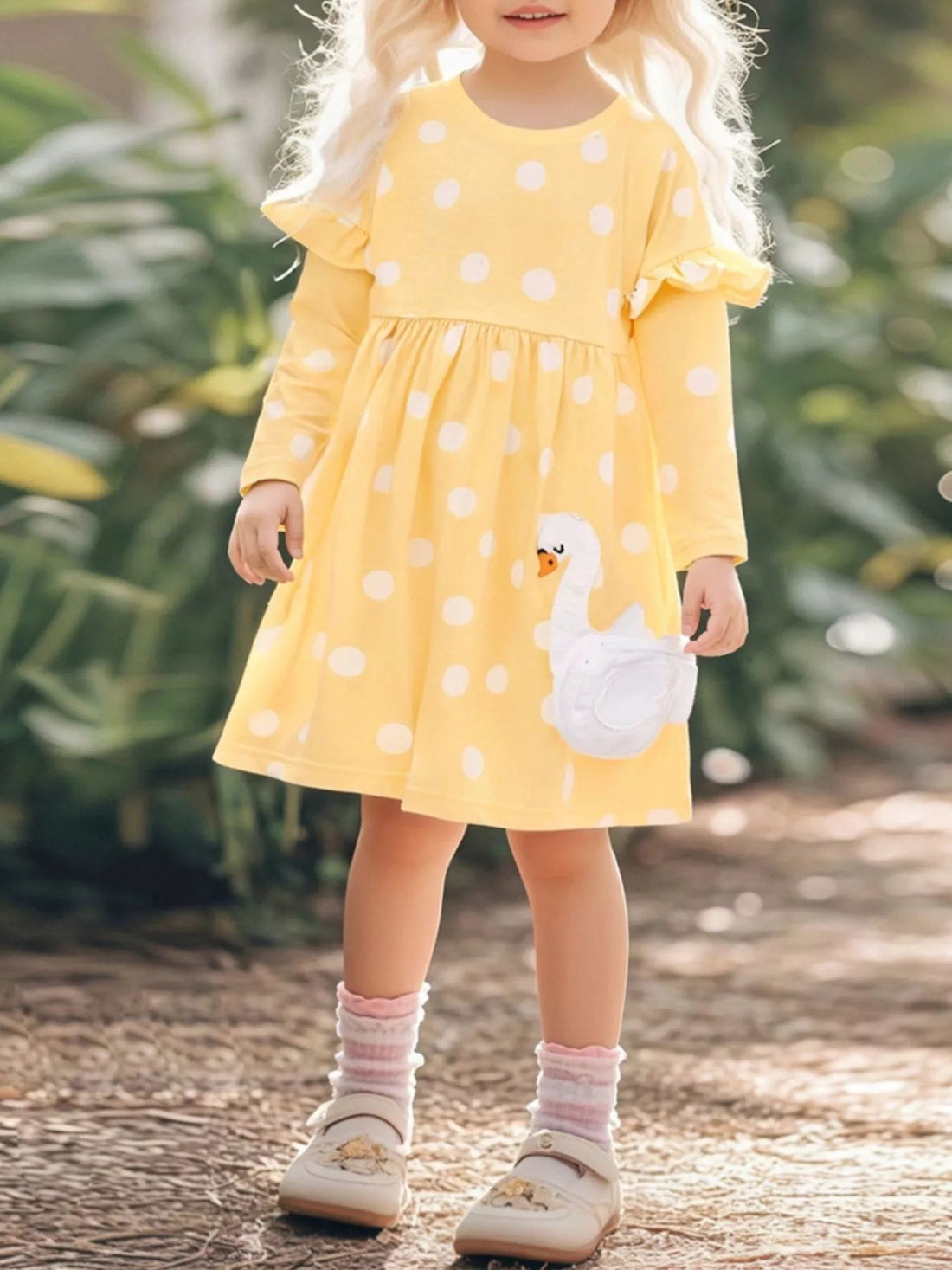 Children's Swan Applique Polka Dot Ruffle Sleeve Dress designed for comfort and style at Lookzlike