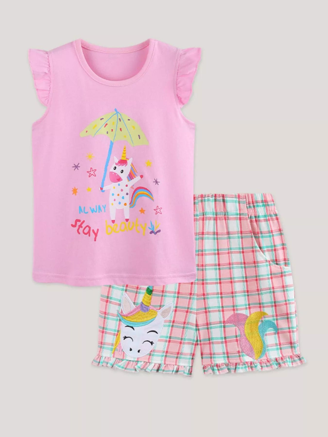 Children's Unicorn Dreams Sleeveless Top & Plaid Shorts Set designed for comfort and style at Lookzlike