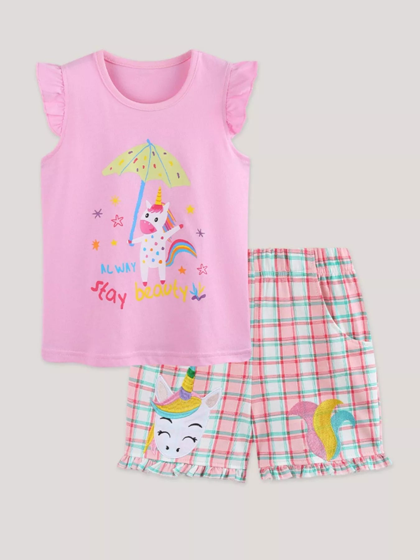 Children's Unicorn Dreams Sleeveless Top & Plaid Shorts Set designed for comfort and style at Lookzlike