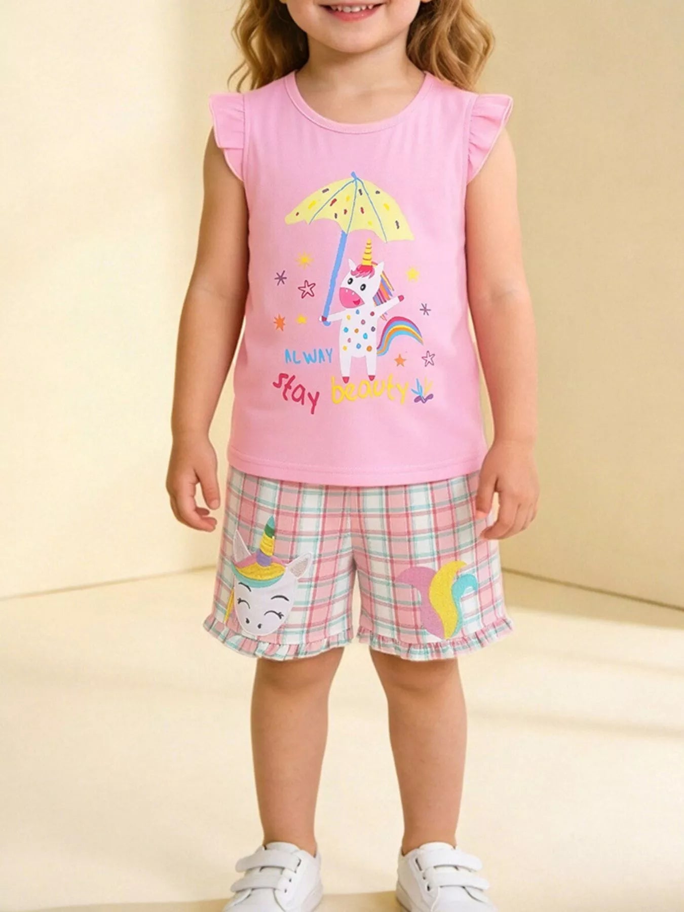 Children's Unicorn Dreams Sleeveless Top & Plaid Shorts Set designed for comfort and style at Lookzlike