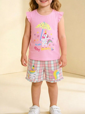 Children's Unicorn Dreams Sleeveless Top & Plaid Shorts Set designed for comfort and style at Lookzlike