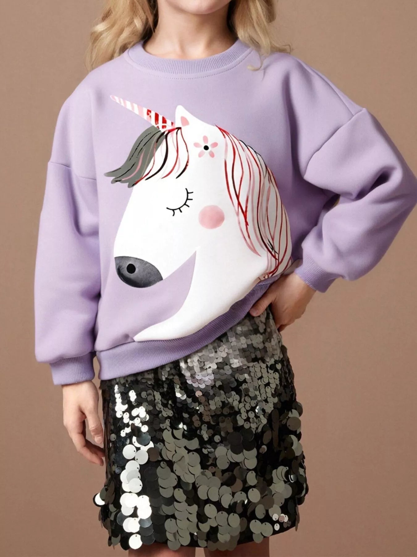 Children's Unicorn Graphic Round Neck Sweatshirt designed for comfort and style at Lookzlike