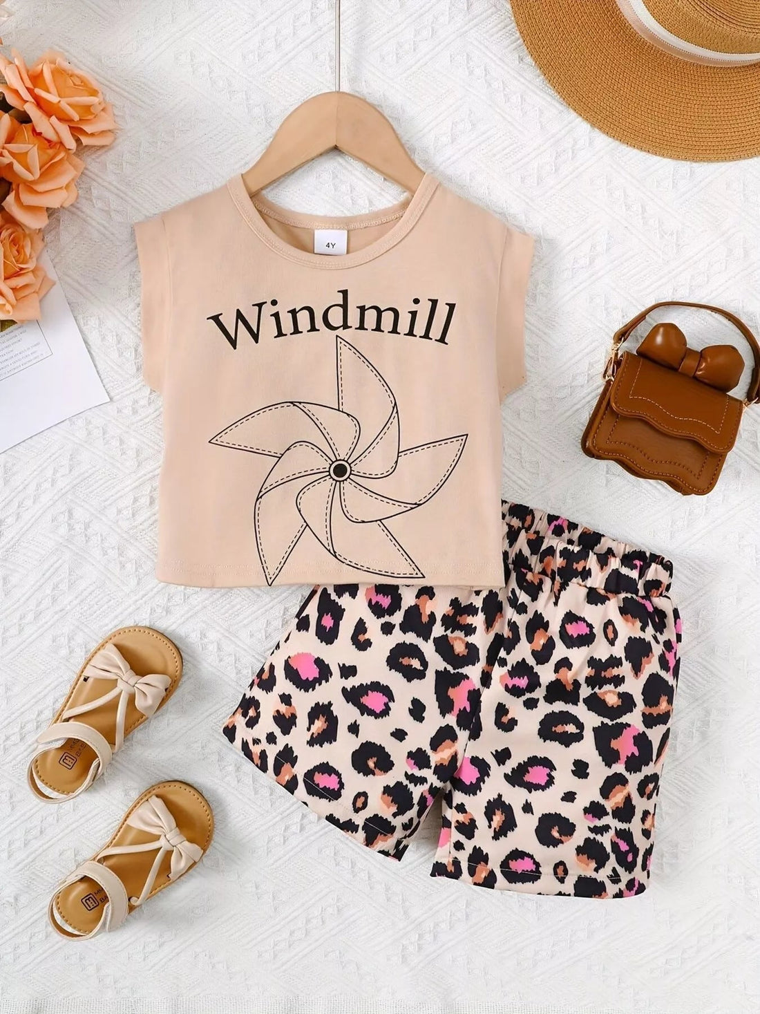 Children's Windmill Graphic Tee & Leopard Shorts Set designed for comfort and style at Lookzlike