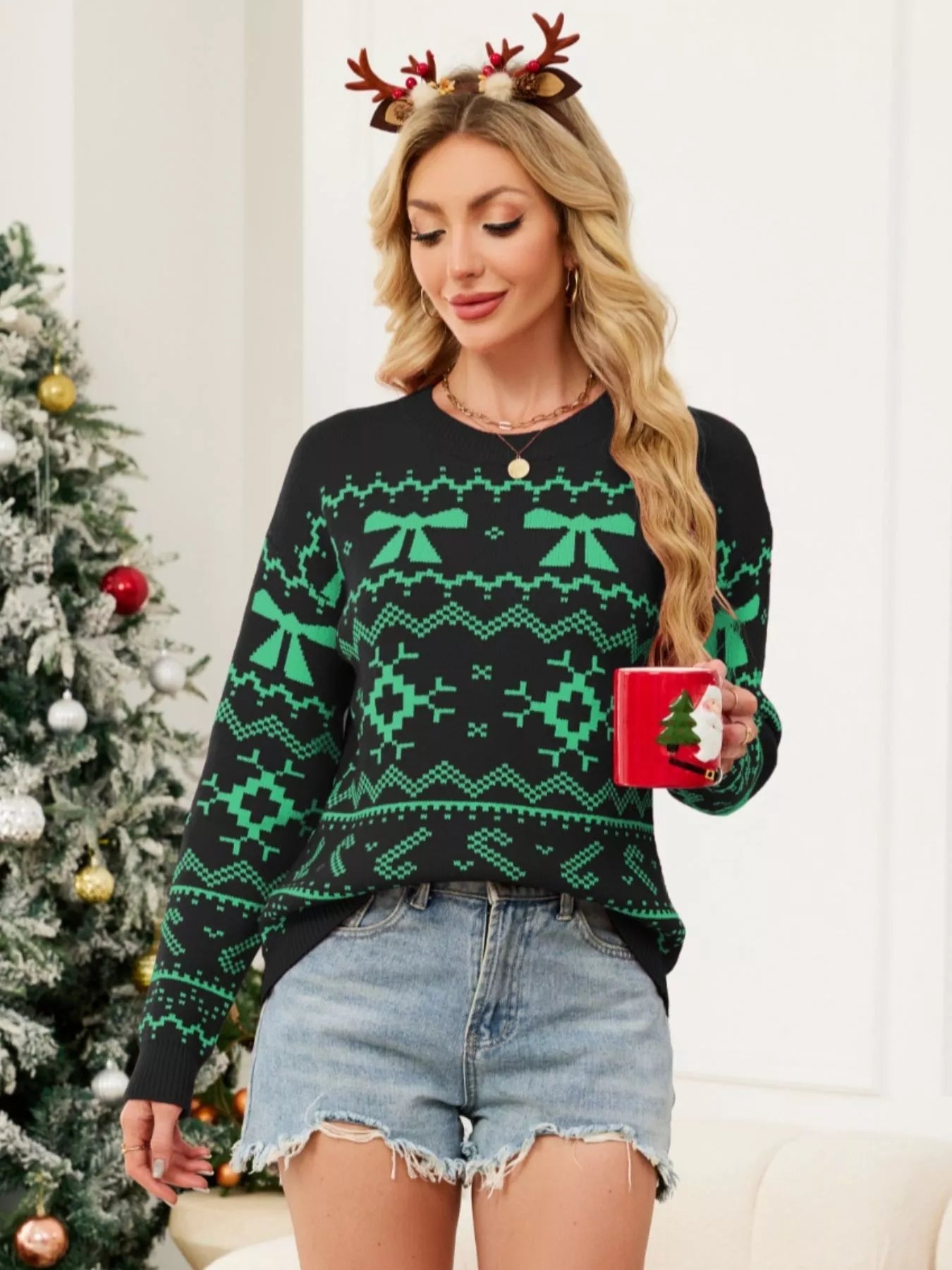 Christmas Bow Round Neck Sweater designed for comfort and style at Lookzlike