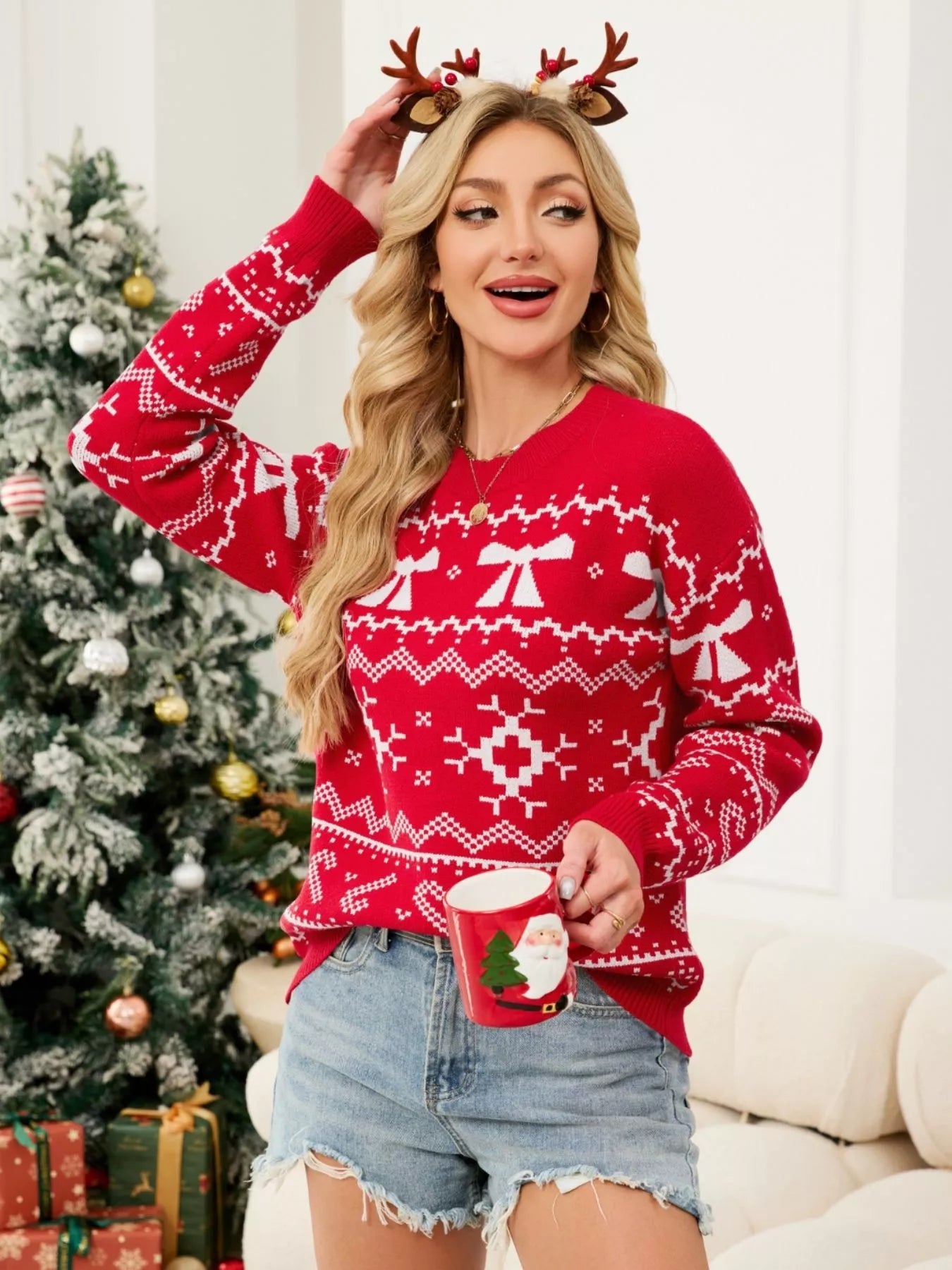 Christmas Bow Round Neck Sweater designed for comfort and style at Lookzlike