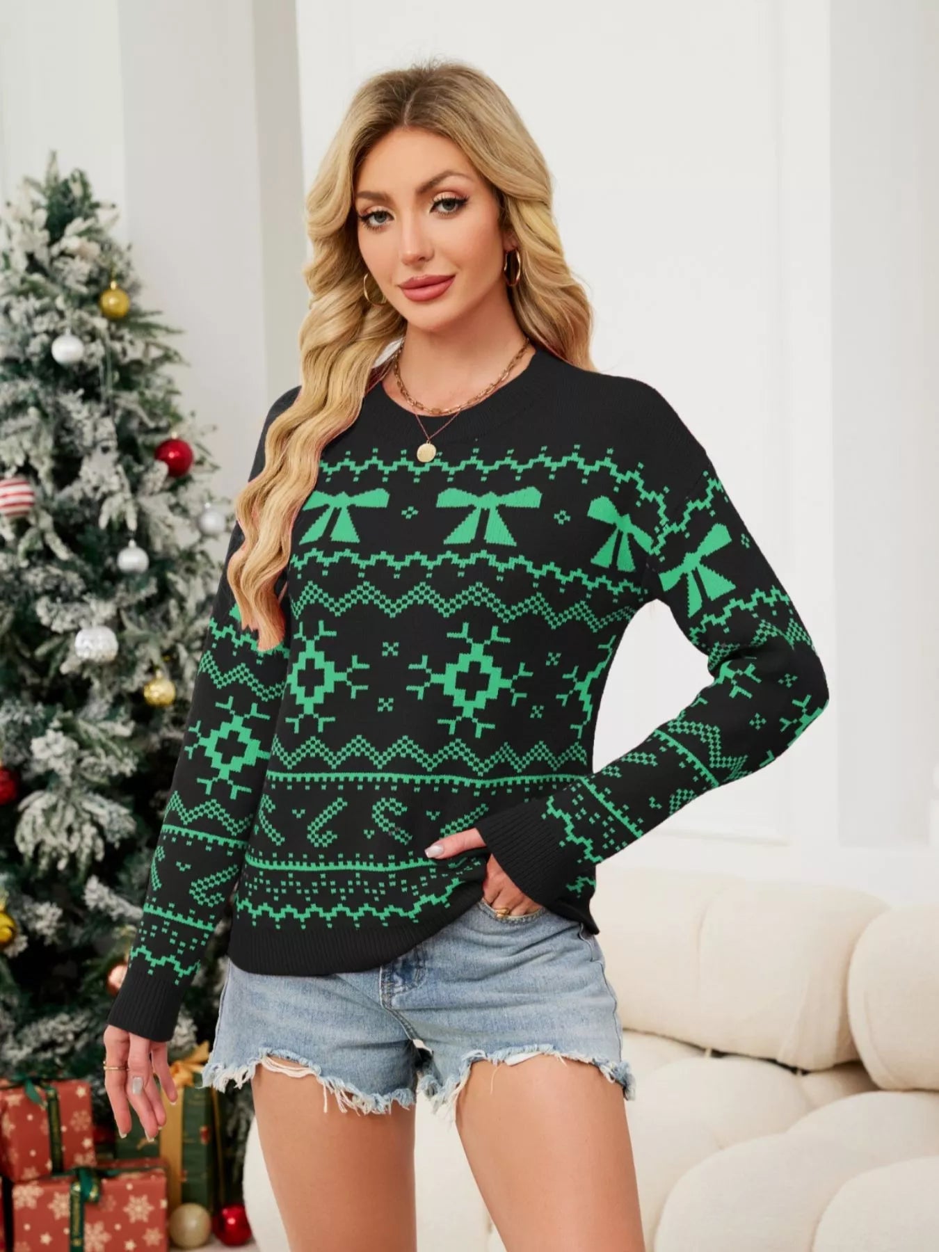 Christmas Bow Round Neck Sweater designed for comfort and style at Lookzlike