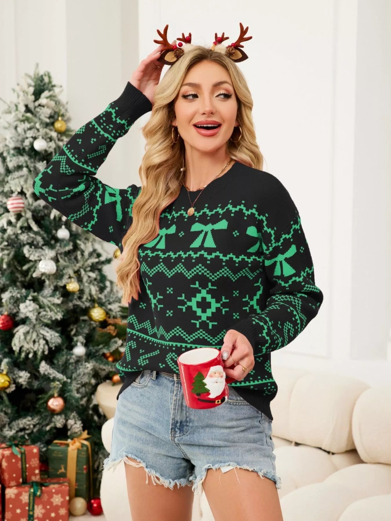Christmas Bow Round Neck Sweater designed for comfort and style at Lookzlike