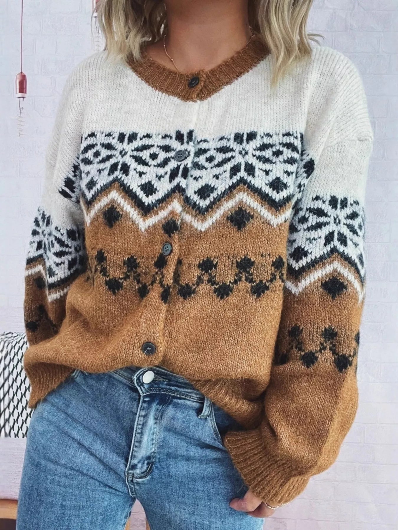 Christmas Button Up Drop Shoulder Cardigan designed for comfort and style at Lookzlike