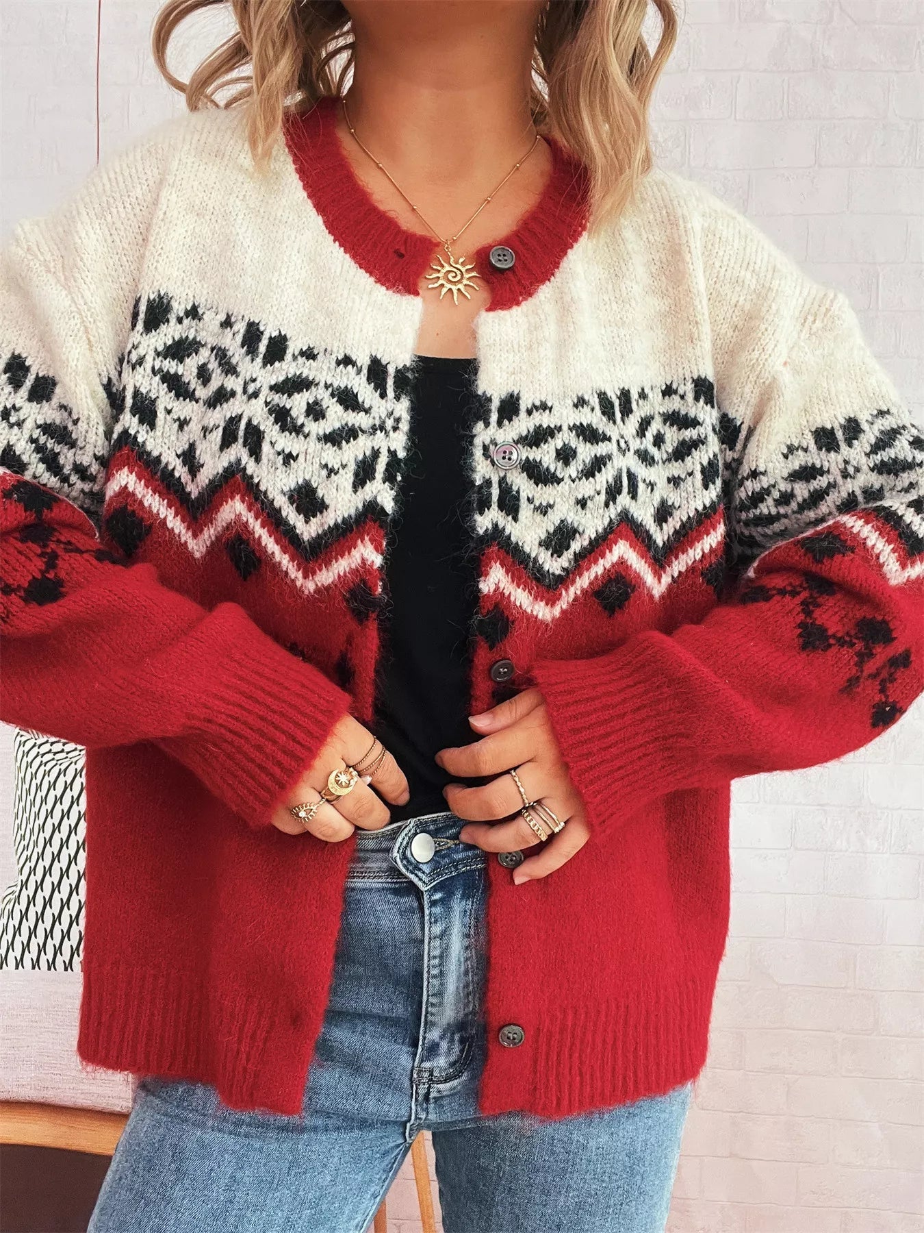 Christmas Button Up Drop Shoulder Cardigan designed for comfort and style at Lookzlike
