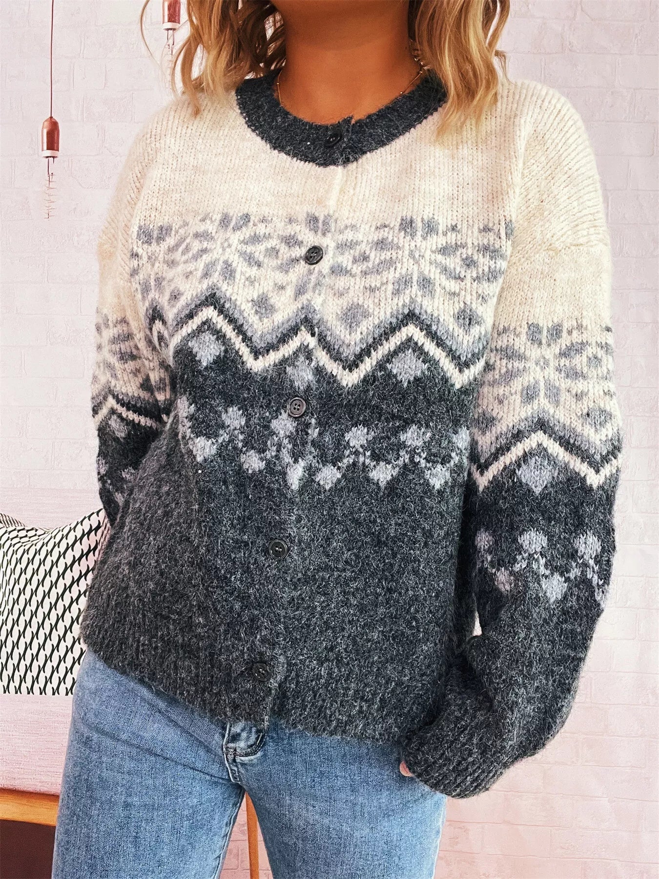 Christmas Button Up Drop Shoulder Cardigan designed for comfort and style at Lookzlike