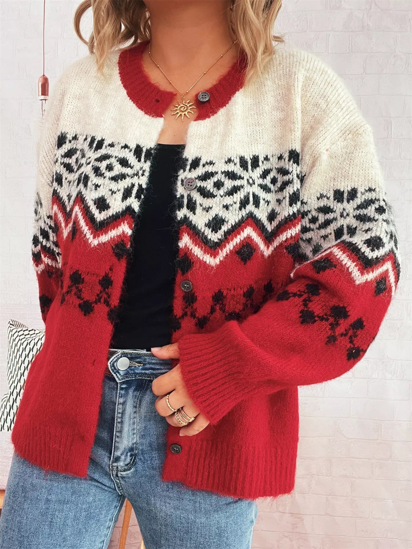 Christmas Button Up Drop Shoulder Cardigan designed for comfort and style at Lookzlike