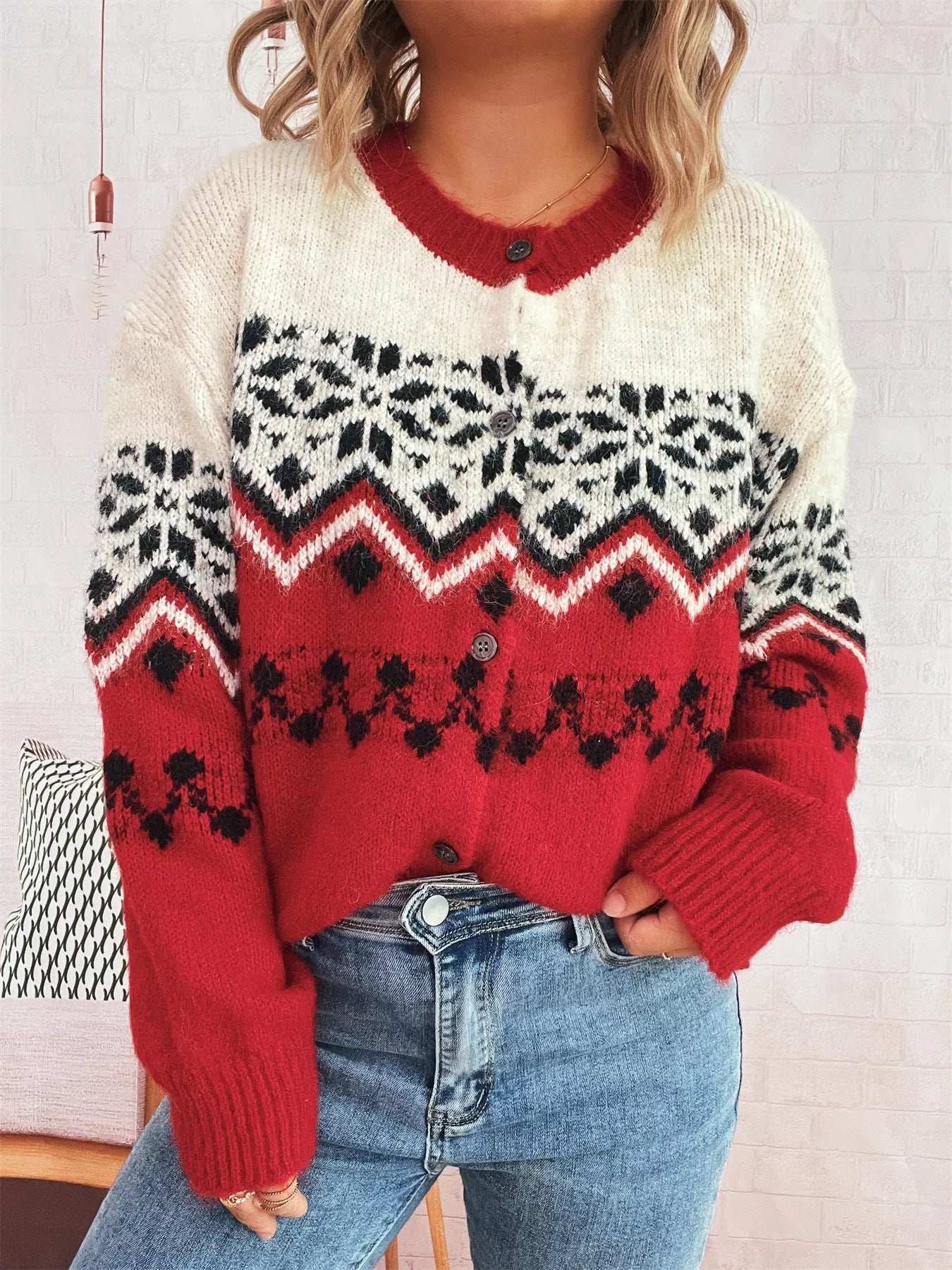 Christmas Button Up Drop Shoulder Cardigan designed for comfort and style at Lookzlike