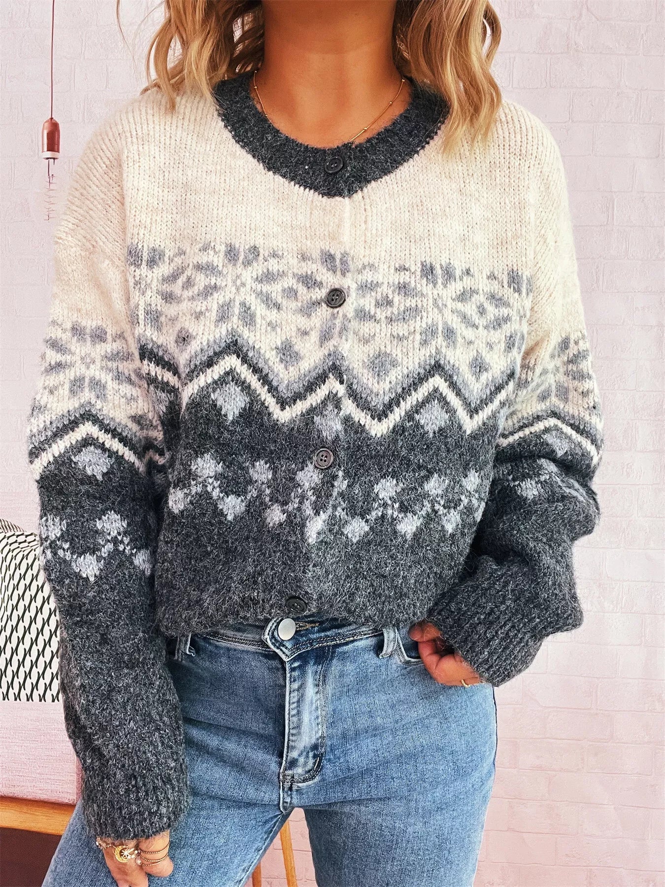 Christmas Button Up Drop Shoulder Cardigan designed for comfort and style at Lookzlike