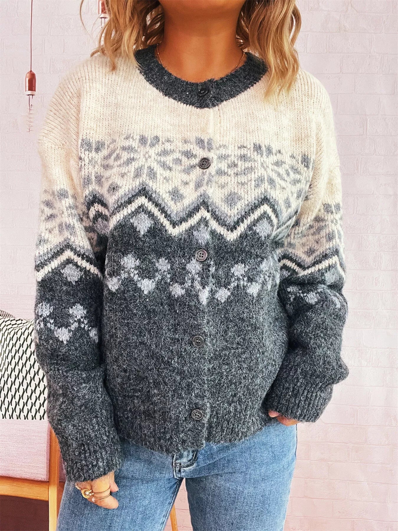 Christmas Button Up Drop Shoulder Cardigan designed for comfort and style at Lookzlike