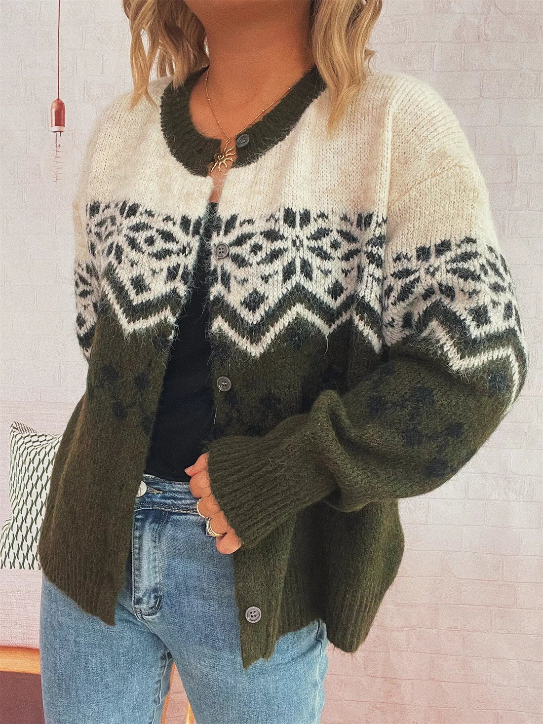 Christmas Button Up Drop Shoulder Cardigan designed for comfort and style at Lookzlike
