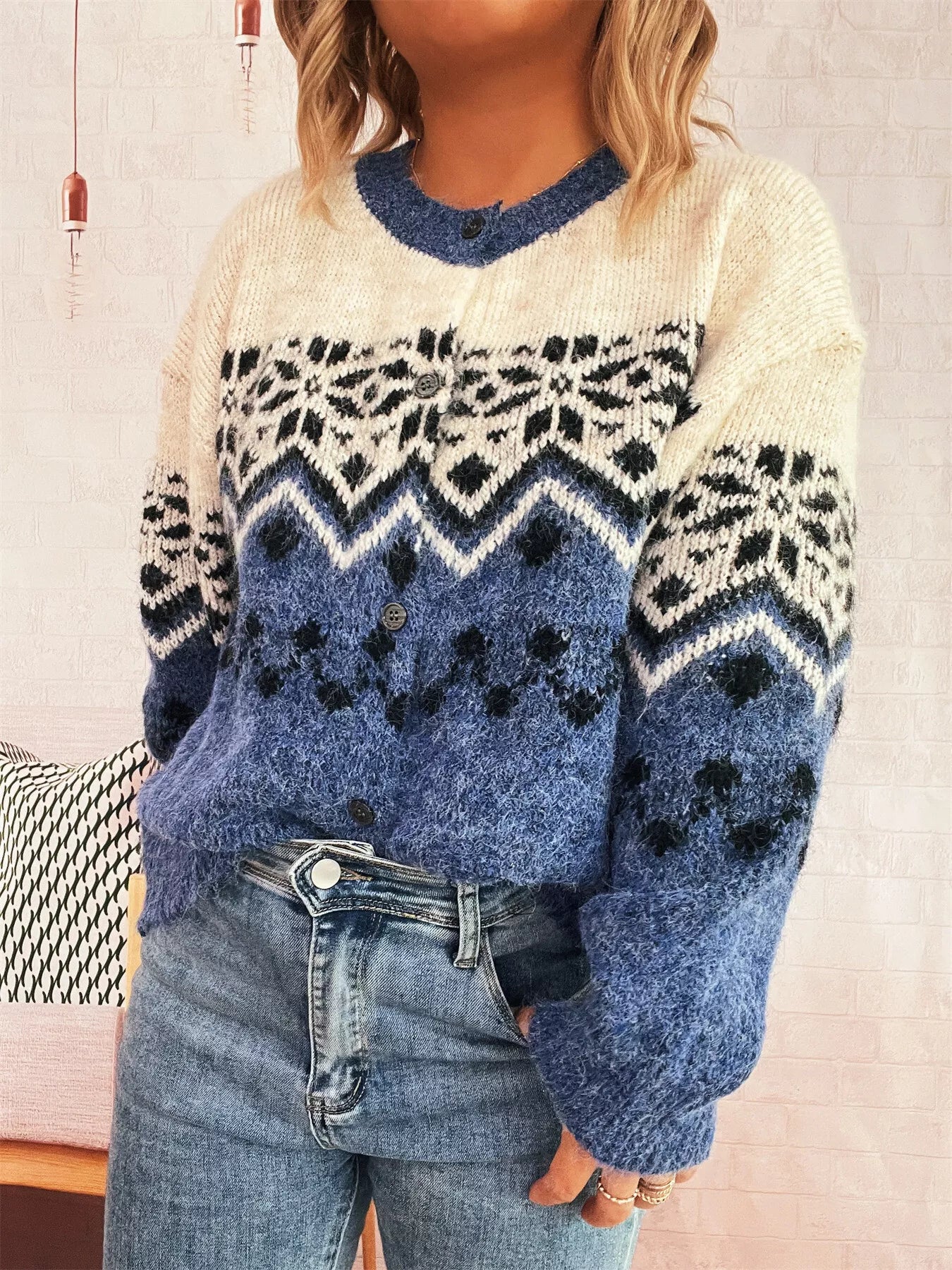 Christmas Button Up Drop Shoulder Cardigan designed for comfort and style at Lookzlike