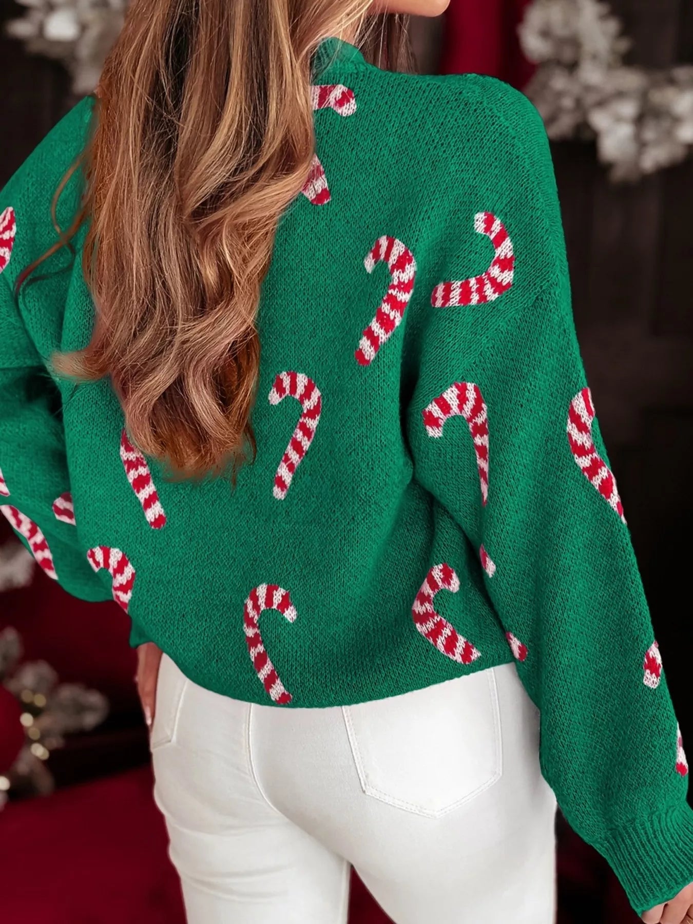 Christmas Candy Cane Holiday Drop Shoulder Sweater designed for comfort and style at Lookzlike