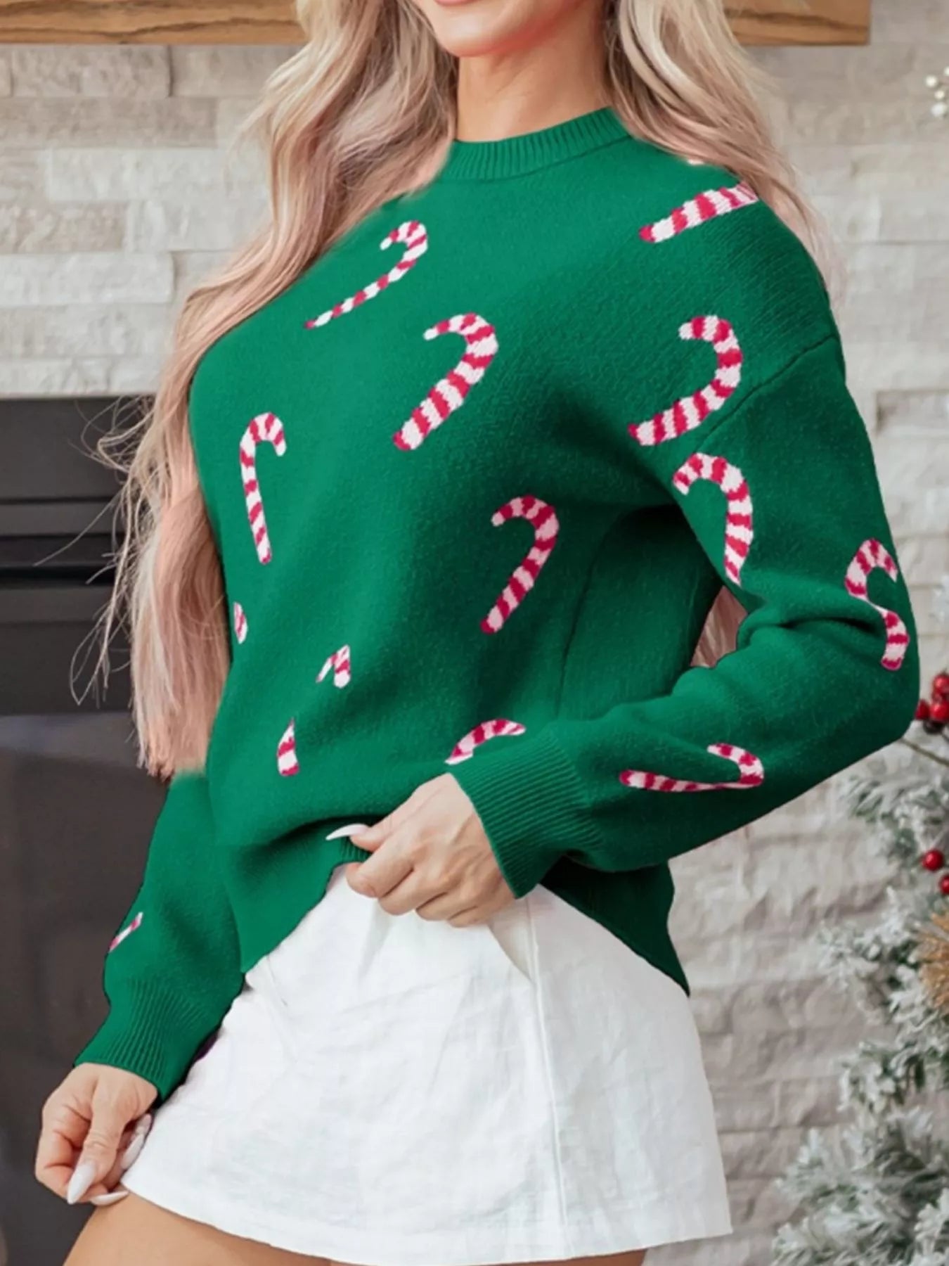 Christmas Candy Cane Holiday Drop Shoulder Sweater designed for comfort and style at Lookzlike