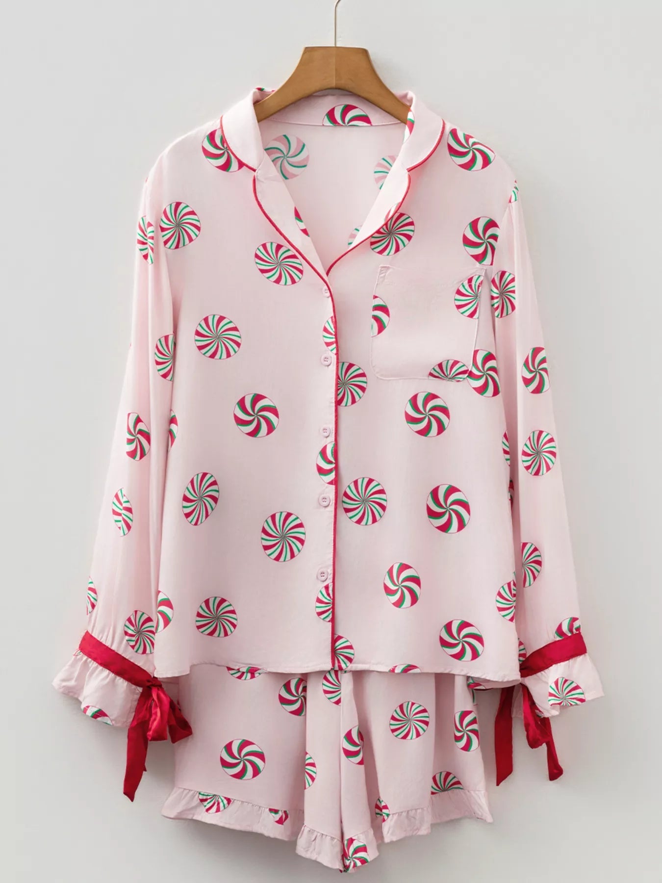 Christmas Candy Contrast Trim Bow Knot Top and Shorts 2pcs Pajama Set designed for comfort and style at Lookzlike