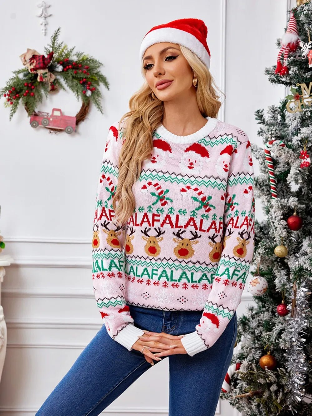 Christmas Element Round Neck Long Sleeve Sweater designed for comfort and style at Lookzlike
