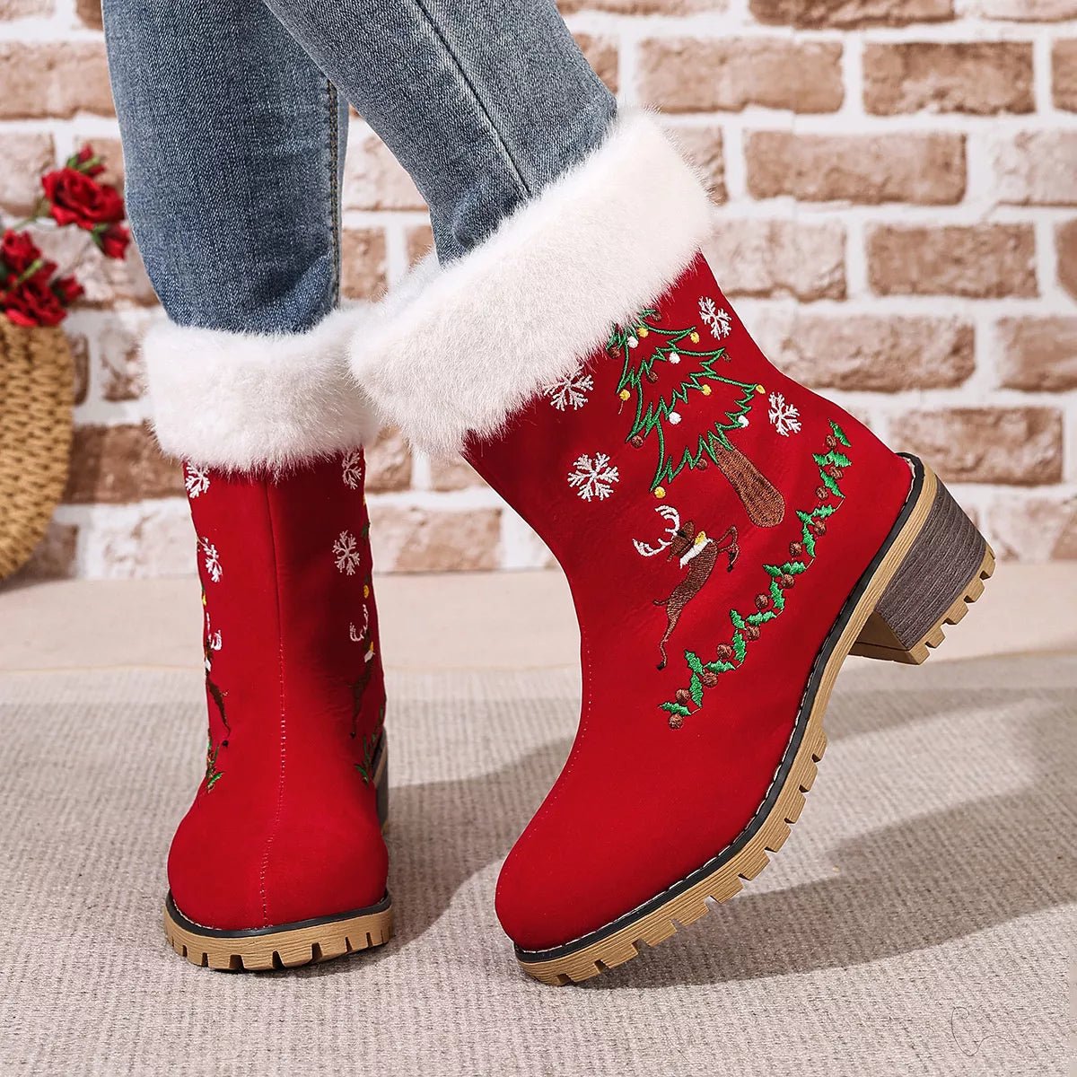 Christmas Embroidered Block Heel Ankle Boots designed for comfort and style at Lookzlike