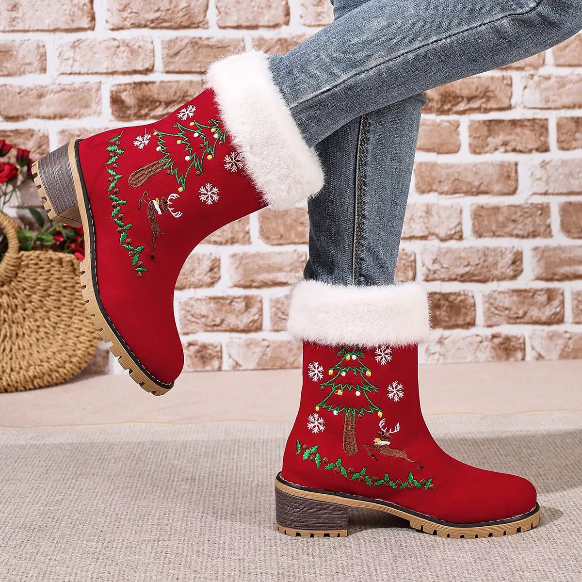 Christmas Embroidered Block Heel Ankle Boots designed for comfort and style at Lookzlike