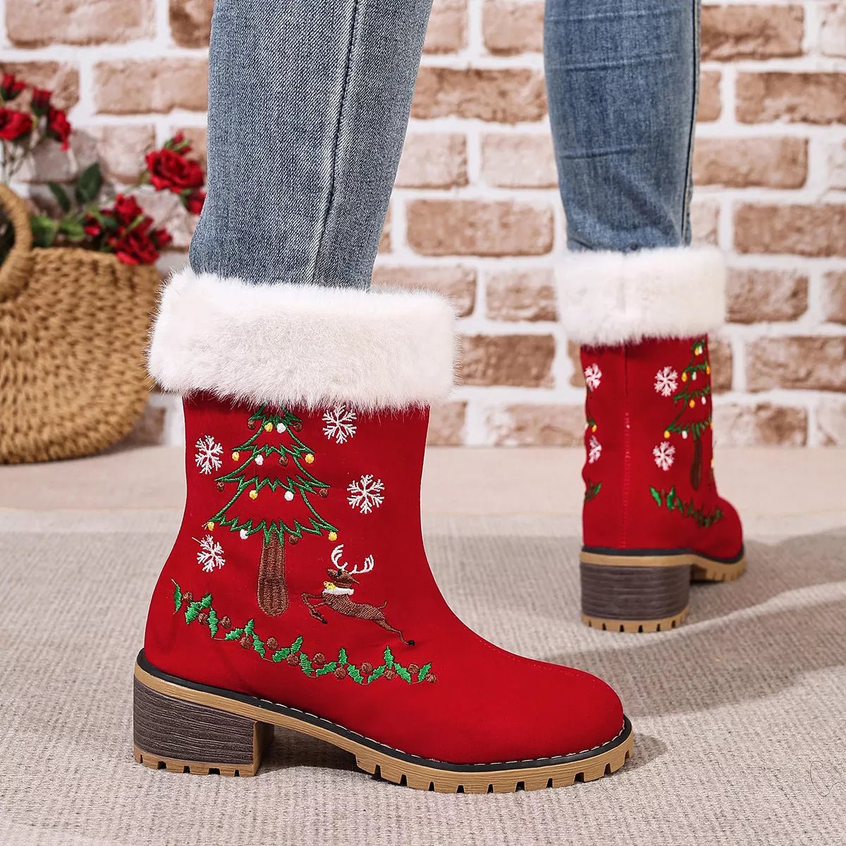 Christmas Embroidered Block Heel Ankle Boots designed for comfort and style at Lookzlike