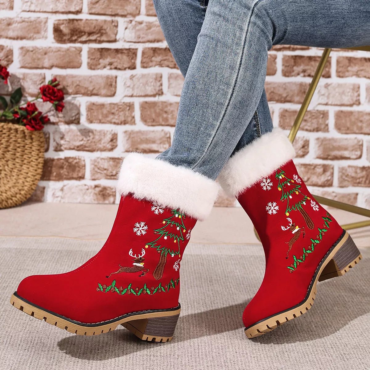 Christmas Embroidered Block Heel Ankle Boots designed for comfort and style at Lookzlike
