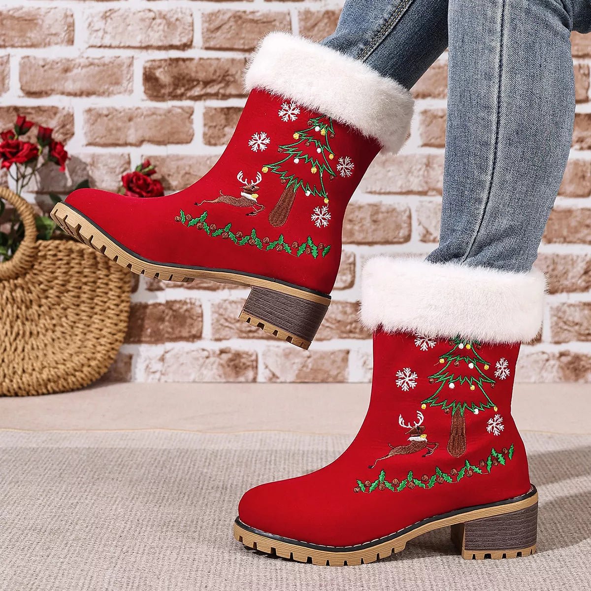 Christmas Embroidered Block Heel Ankle Boots designed for comfort and style at Lookzlike