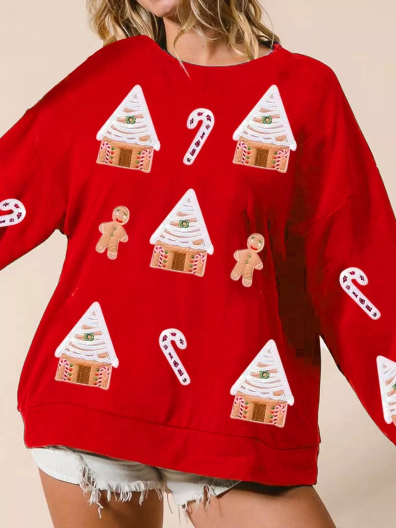 Christmas Gingerbread House Sequin Sweatshirt designed for comfort and style at Lookzlike